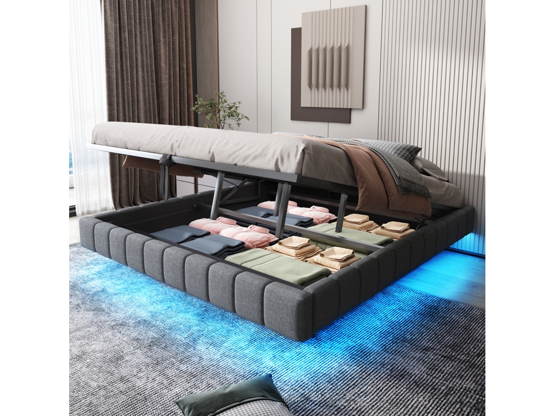 Cama Mola 180x200cm Armário Apoio Hidráulico Led Couro Cinza