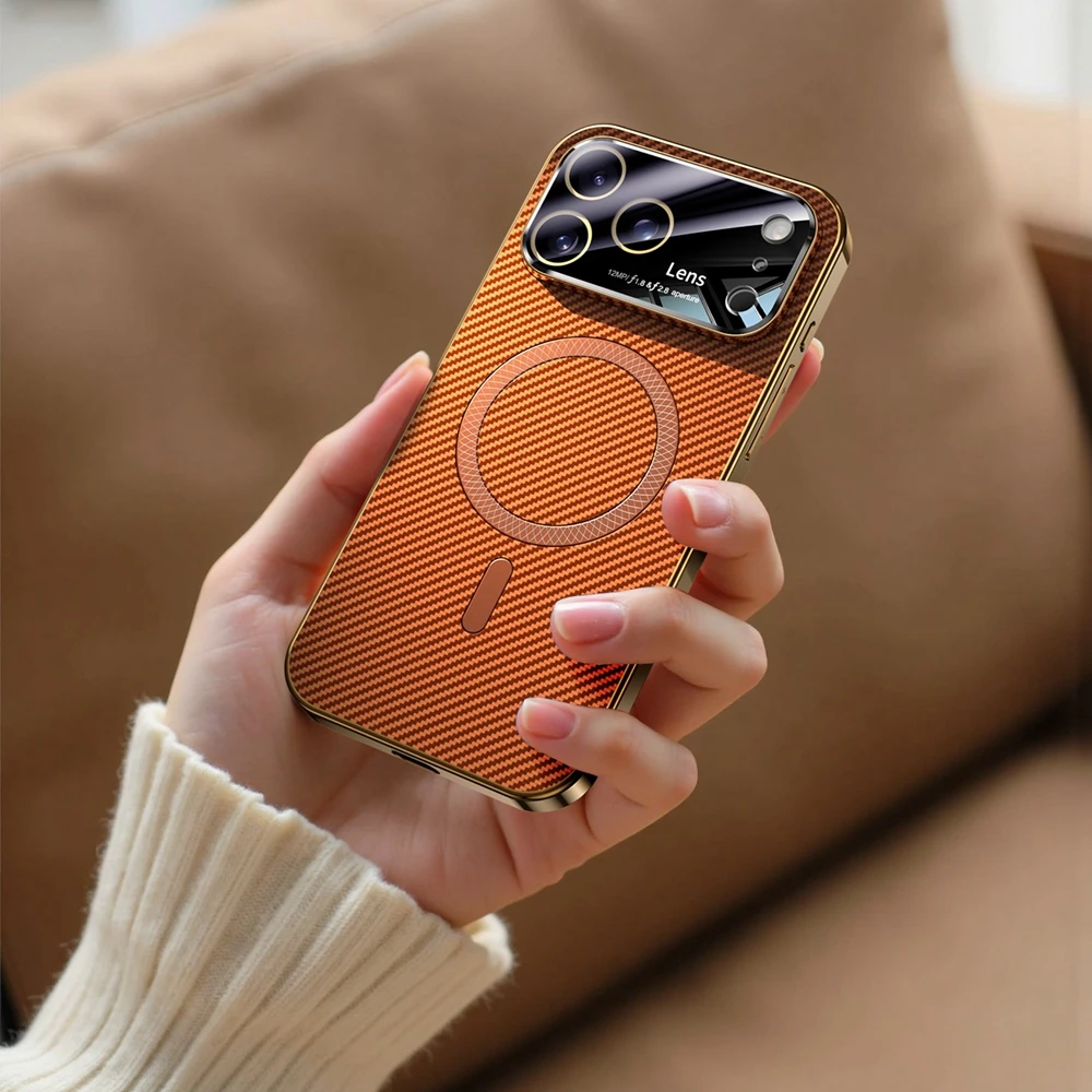 (laranja, Iphone 16 Pro Max) Capa Com Textura De Fibra De Carbono, Carregamento Magnético Sem Fio E Tpu Galvanizado À Prova De Choque