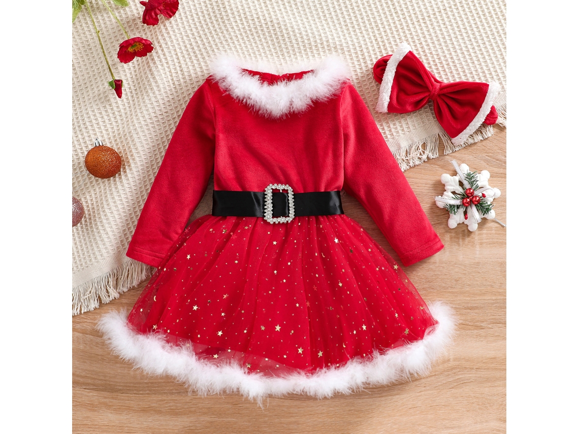 Roupas de Natal Raw Edge Manga Longa Estrela Princesa Vestido 90Cm