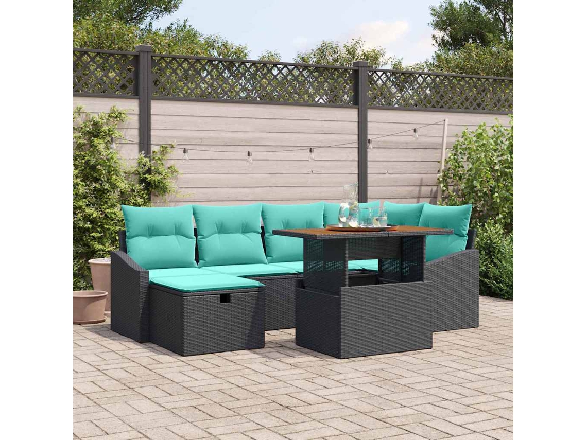 Vidaxl Conjunto De Sofá De Jardim Com Almofada 7 Pcs Preto Vime Pe