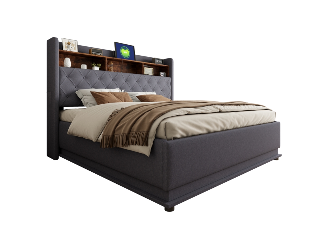 Cama estofada led 180x200cm com armazenamento, Usb e sistema hidráulico, tecido de linho cinza macio PAPRIKA