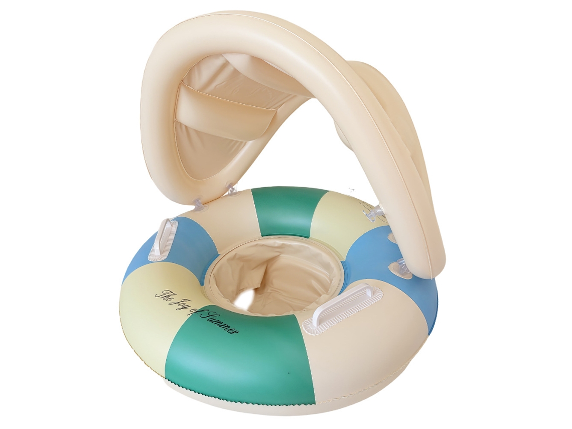 Boia Infantil Inflável Com Toldo Anti-uv Listrado Verde Azul Creme, Assento De Tecido E Alças Para Bebês Em Piscina