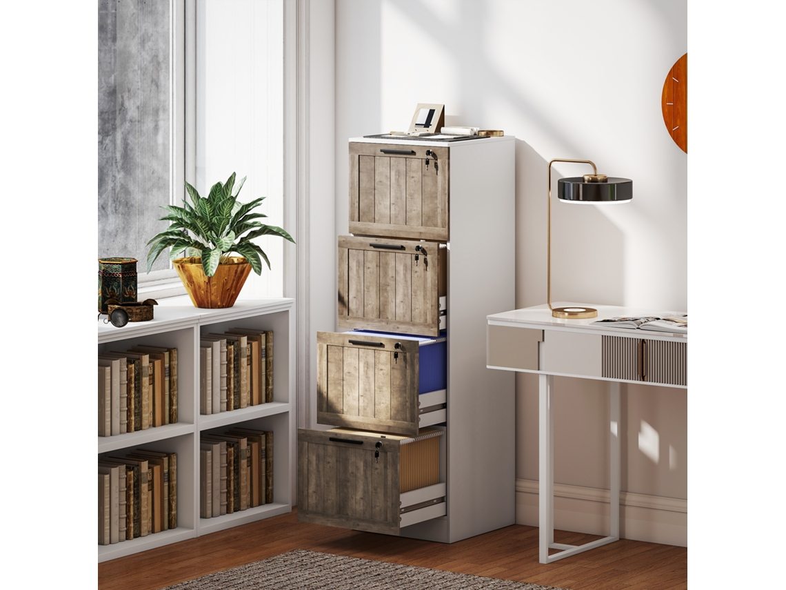 Cajonera De Escritorio Con 4 Cajones Cerradura 2 Llaves Barras Colgantes Para A4 Carta 39,4x40x129 Cm Blanco Y Madera