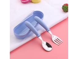 Conjunto Infantil de Três Peças com Faca e Colher em Aço Inoxidável, Portátil e com Estampa de Desenho Animado. MDUG (azul)