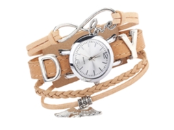 Relógio de Pulso Feminino de Moda com Pulseira de Couro Pu Padrão Coração Swing Bege