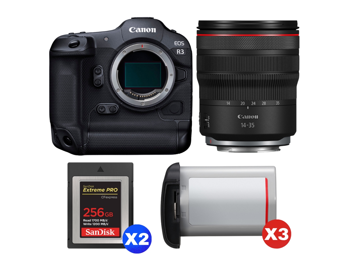 Eos R3 + Rf 14 35mm F/4 L Is Usm + 2 Sandisk 256gb Extreme Pro Cfexpress Type B + 3 Canon Lp e19 + Ebook “20 Dicas para Fotos Que Impressionam” CANON