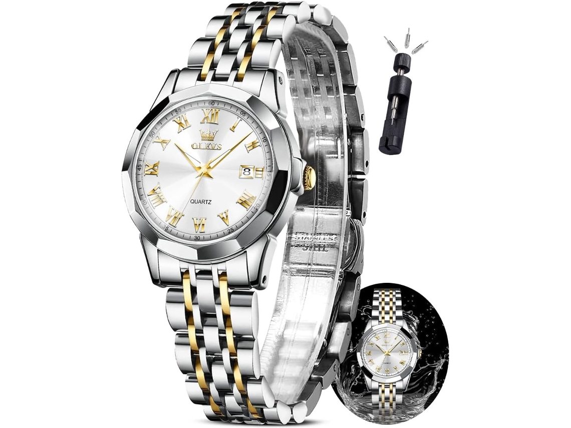 Lurelia Relógio Feminino, Movimento De Quartzo, Analógico, Data/calendário, Detalhes Com Strass, Aço Inoxidável, Prata, Dourado