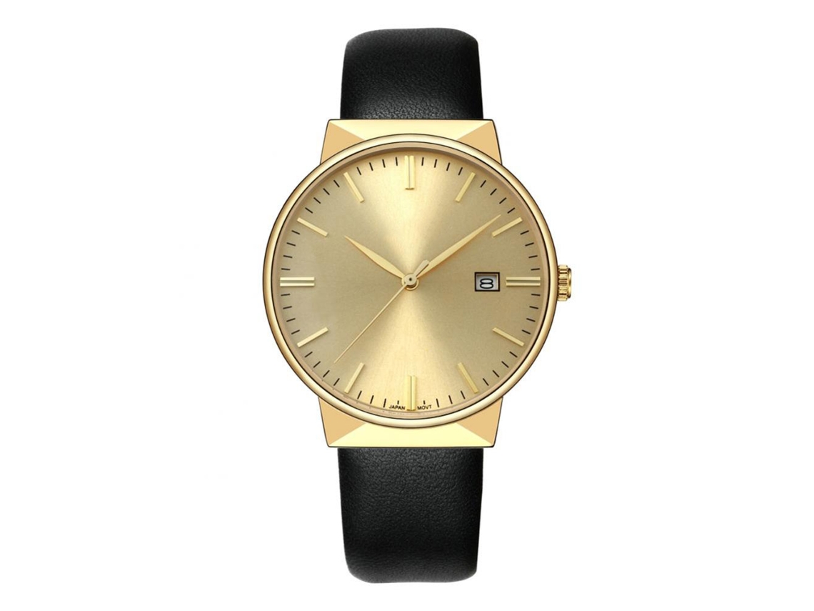 Relógio de pulso masculino em couro PU com calendário, movimento de quartzo à prova d'água (mostrador dourado)