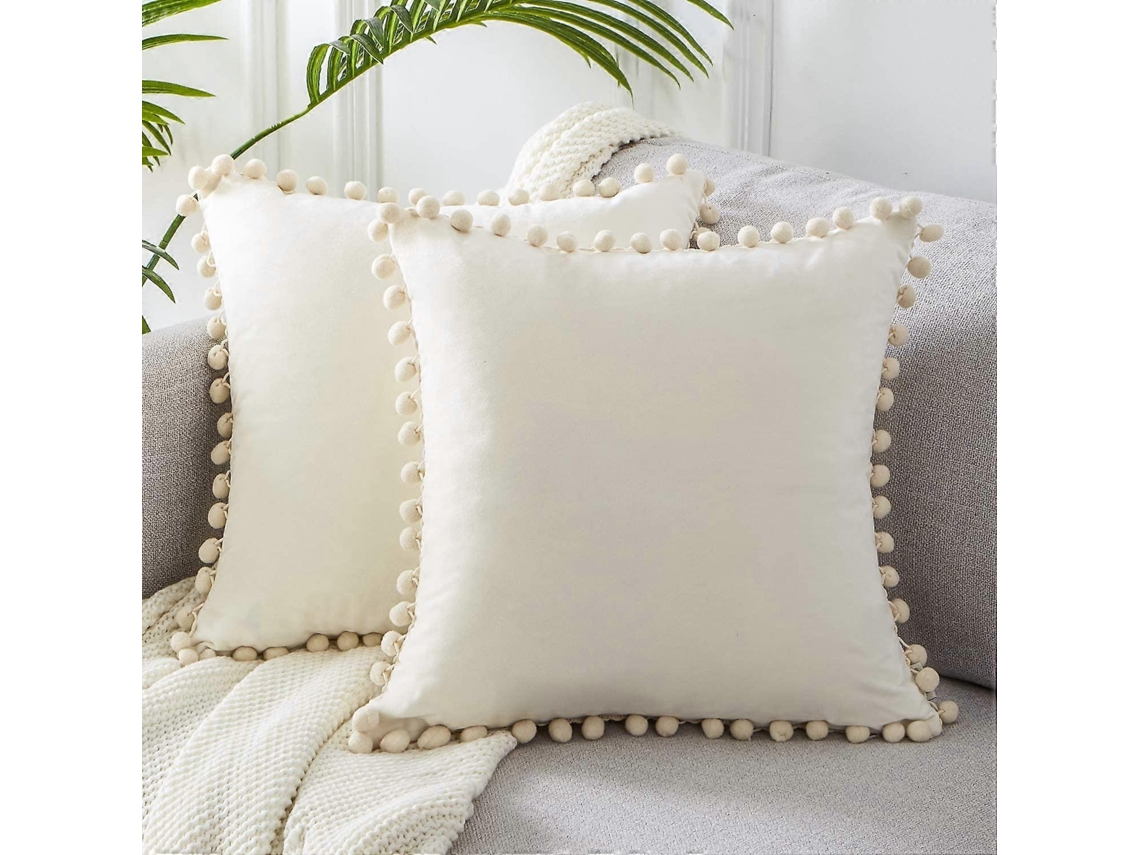 Capa De Almofada De Veludo Com Pompom, Pacote Com 2, Grande, Quadrada, Decorativa, Cor Sólida, 50x50 Cm, Para Sofá-cama, Sala De Estar Com Sofá