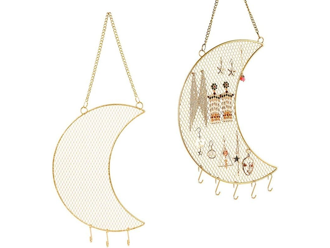 2026-porta Pendientes Lunar De Pared Linjou, Rack Con 5 Ganchos Para Joyas Oro Metal Malla 25x30cm