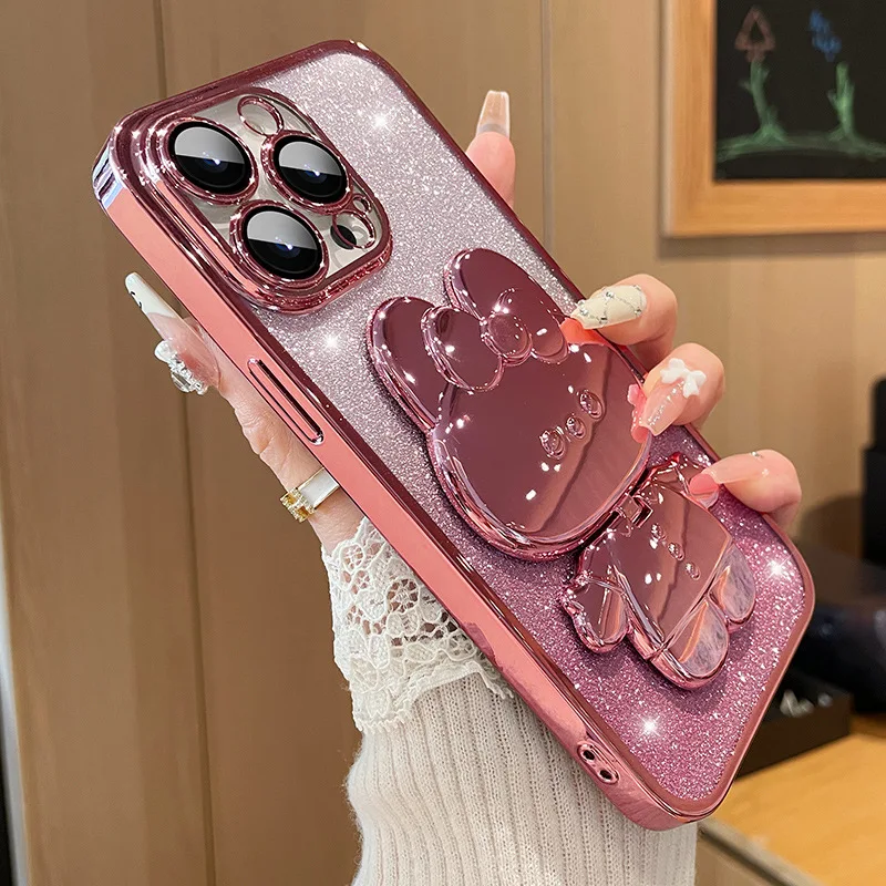 Capa Para Celular Com Espelho De Coelho Eletroplateado Em Degradê (para Iphone 12 Pro Max, Rosa), Com Suporte E Feita De Tpu Macio.