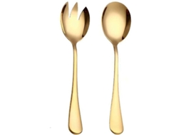 Conjunto Rebe de Utensílios para Salada de Sal em Aço Inox, 2 Peças, Colher e Garfo, 7,7 Polegadas, Dourado, Próprio para Máquina de Lavar Louça