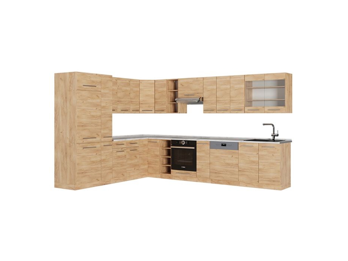 Cozinha Em Ângulo Fame Line, 347x60cm, Pt Mármore, Carvalho De Força Dourado, Carvalho De Força Dourado, Vicco