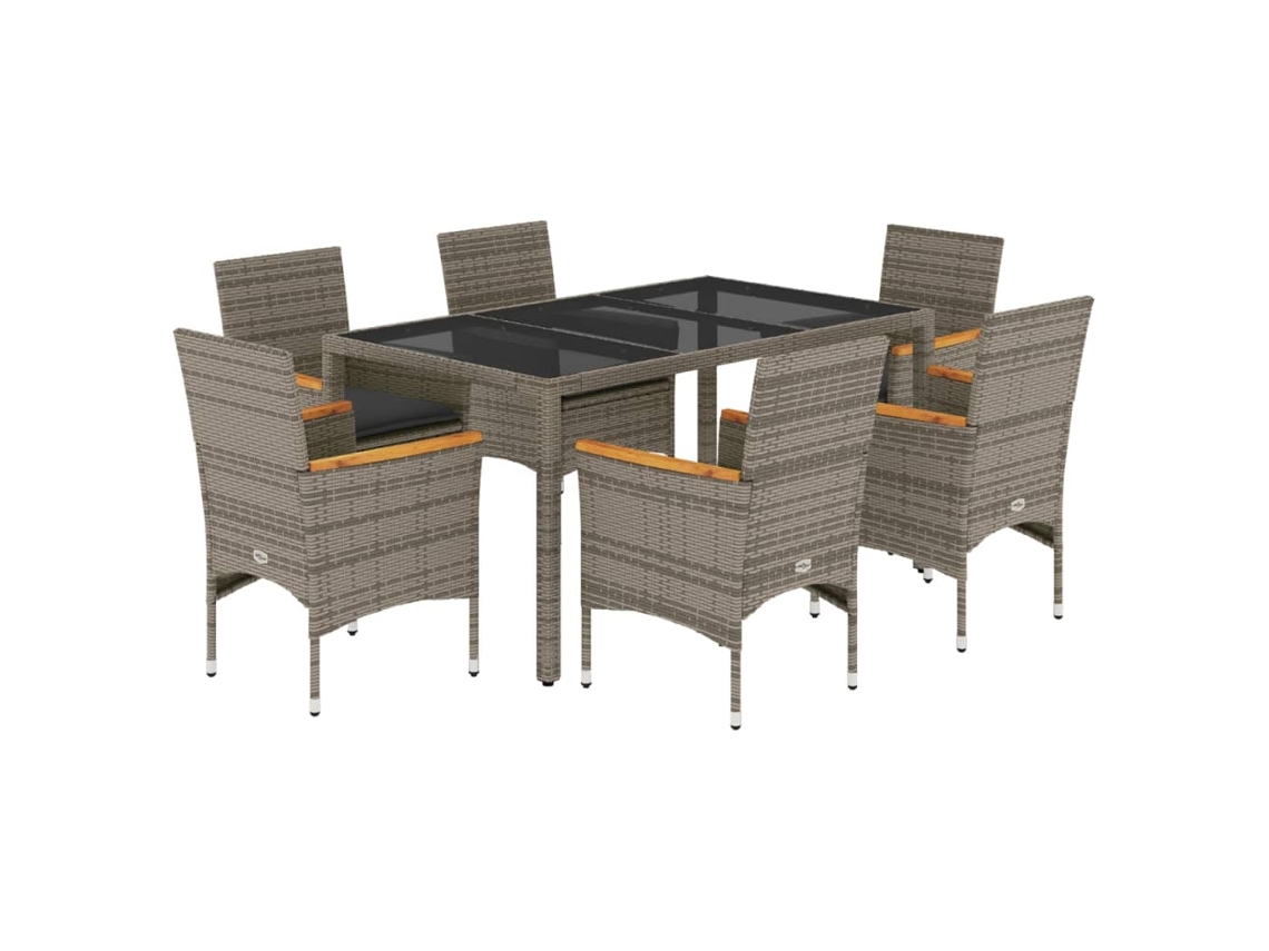 Conjunto de 7 Jantar Jardim com Almofadões Vime Pe/vidro Cinza MAISON EXCLUSIVE