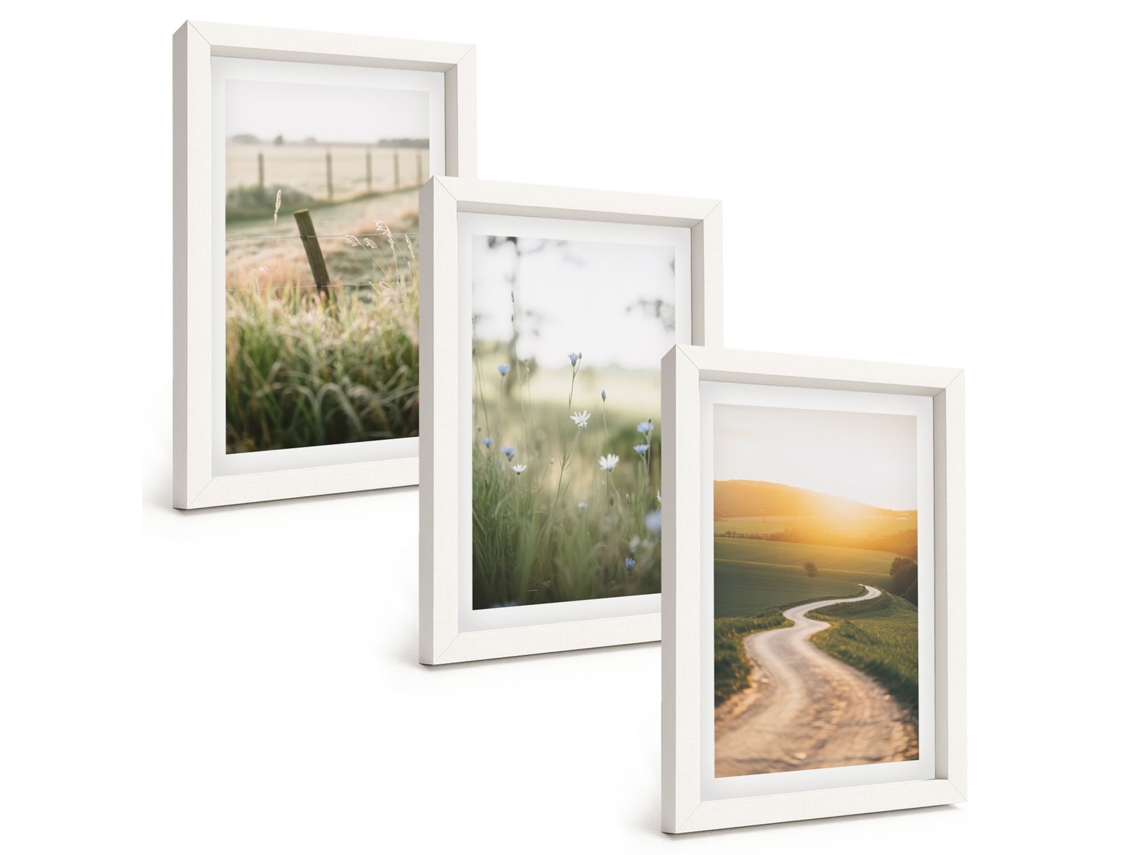 Quadros Decorativos Para Parede Paisagem, Prado, Estrada, Pôr Do Sol Moldura Branca Pinturas De Quarto Espelharte (3 Peças 20x30 Cm)