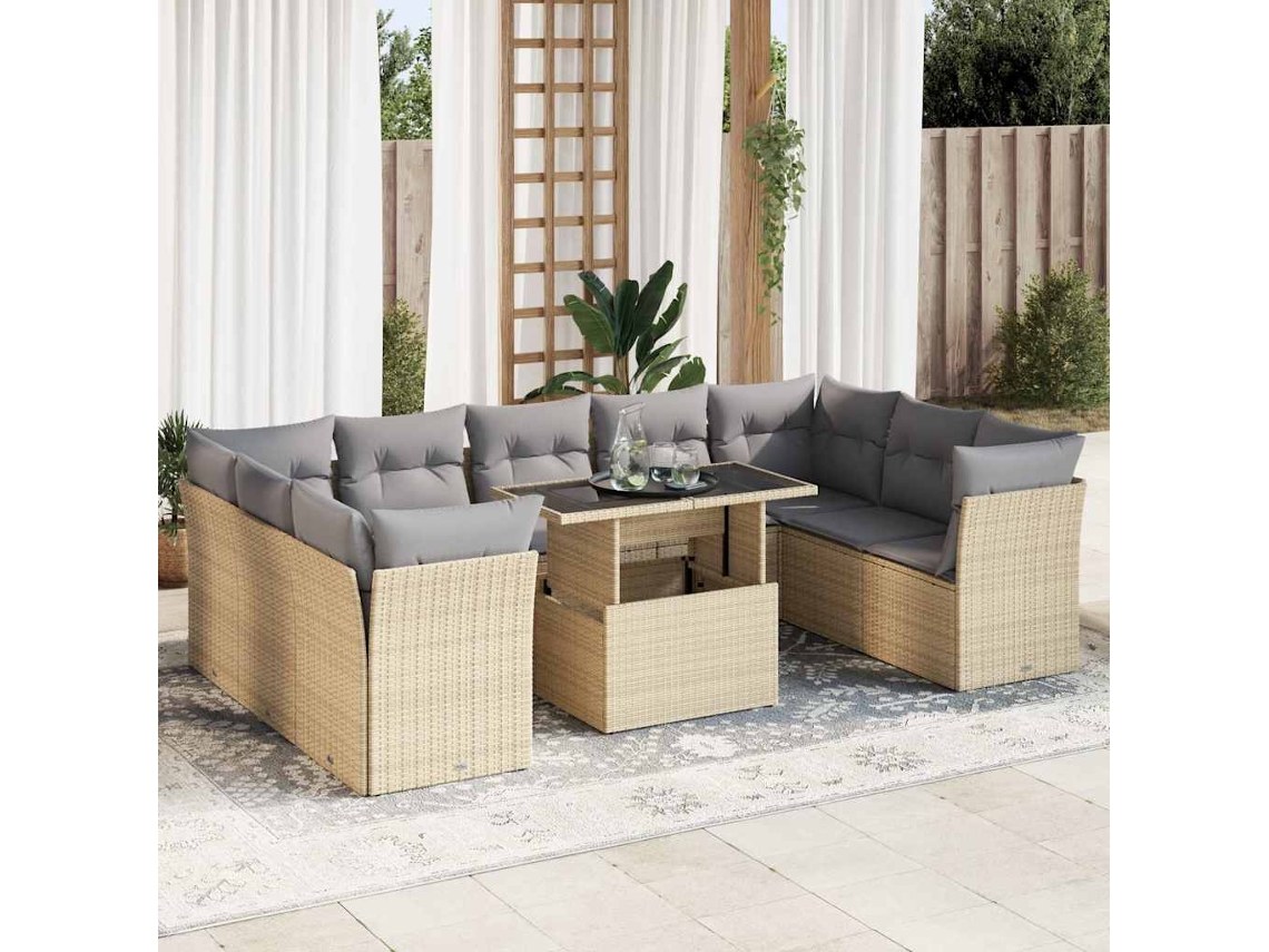 Vidaxl 10 Pcs Conjunto De Sofás P/ Jardim Com Almofadões Vime Pe Bege