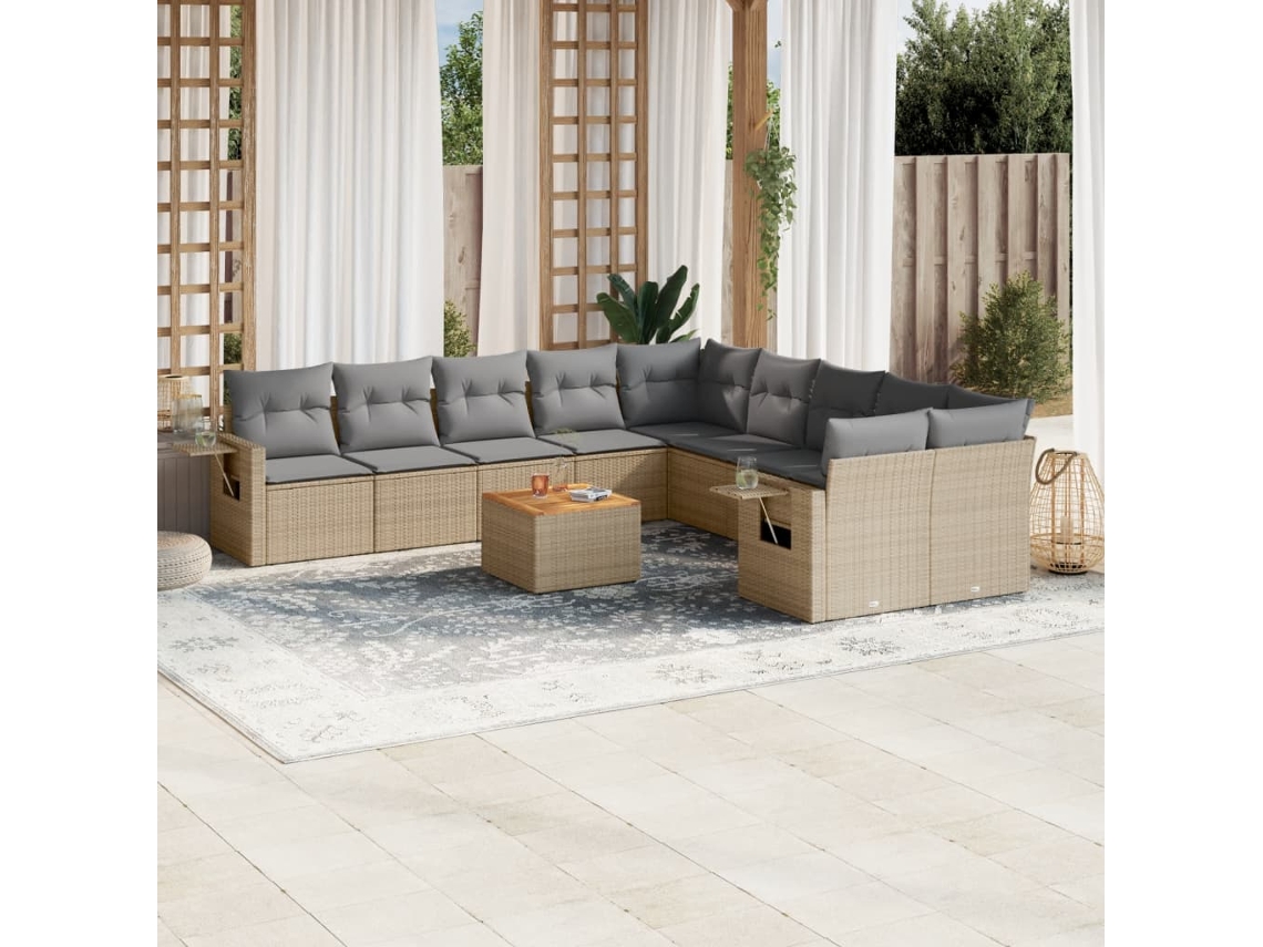 Vidaxl 11 Pcs Conjunto Sofás De Jardim C/ Almofadões Vime Pe Bege