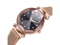 Relógio Mulher de Quartzo Pulseira de Malha com Botão Magnético Mostrador Redondo Ouro Rosa