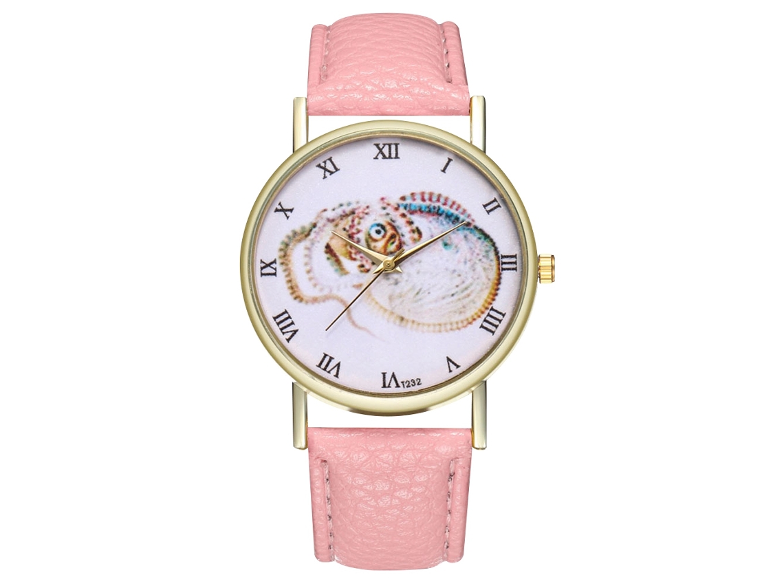 Relógio de pulso vintage de quartzo para mulheres e homens com pulseira de couro PU rosa com estampa animal.