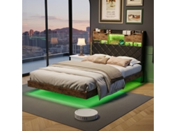 Cama De Casal 140x200 Cm, Estrutura Metálica, Cabeceira Com Arrumação, Iluminação Led E Carregador, Para Adultos E Adolescentes, Marrom