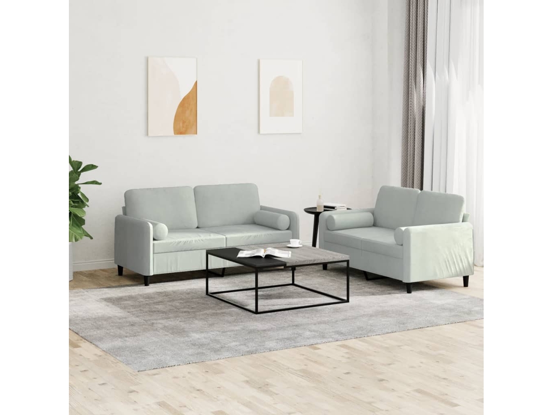 Vidaxl 2 Pcs Conjunto De Sofás Com Almofadas Veludo Cinzento-claro