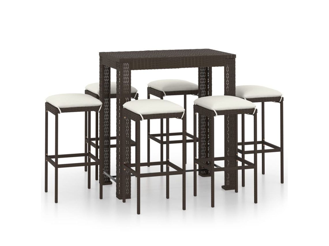 Conjunto de Bar 7 Pcs para Jardim com Almofadões Vime Pe Castanho MAISON EXCLUSIVE