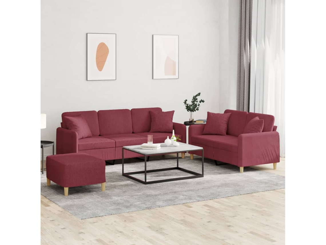 Vidaxl 3 Pcs Conjunto De Sofás Com Almofadas Tecido Vermelho-tinto
