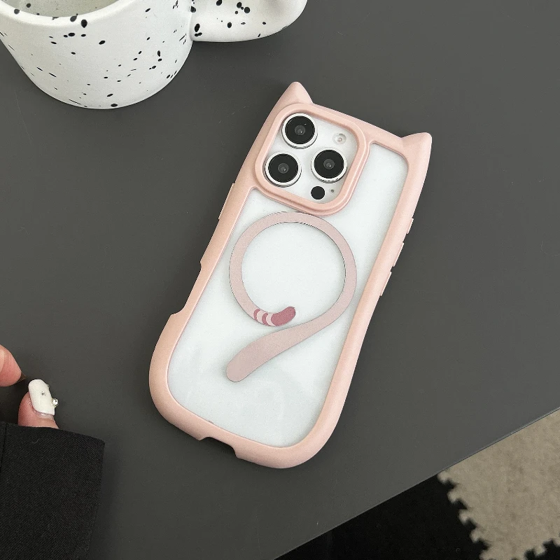 (rosa, Iphone 17 Pro Max) Capa Transparente De Tpu Com Orelhas De Gato Em 3d Para Iphone, Com Carregamento Sem Fio Magnético.