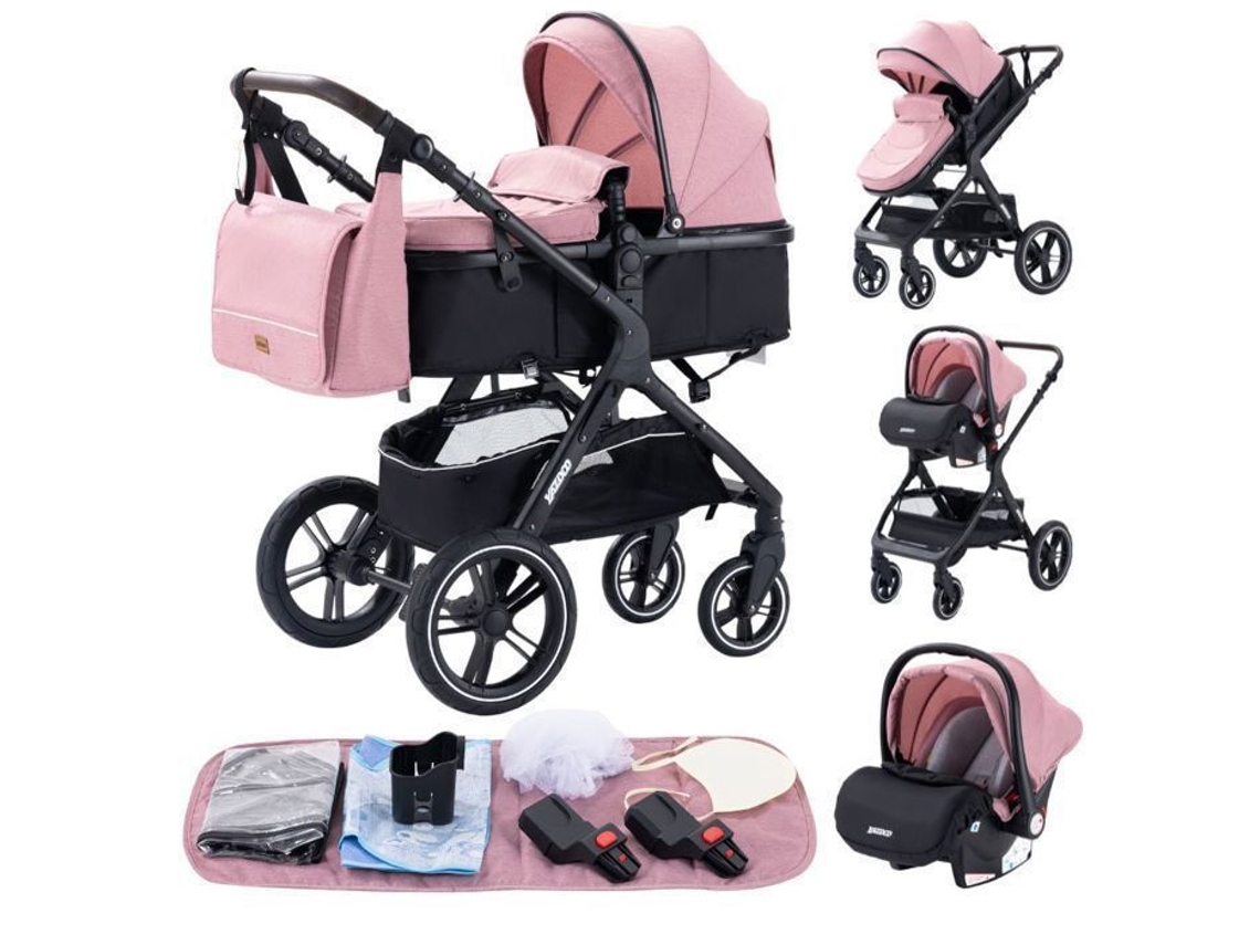 Carrinho 3 Em 1 Bebê Combinado Cadeira De Auto Baú Trio Reversível Ajustável Alta Qualidade Rodas Inquebráveis Rosa Yazoco