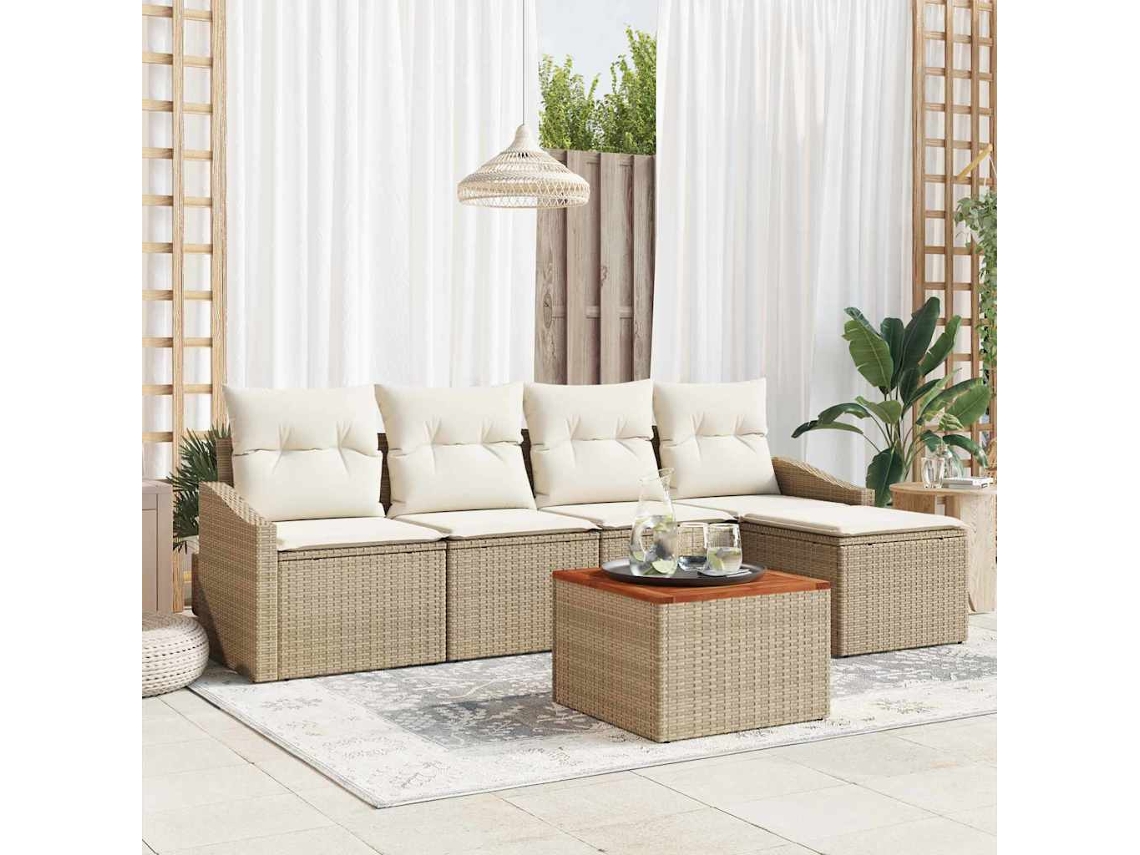 Vidaxl Conjunto De Sofá De Jardim Com Almofada 6 Pcs Bege Vime Pe