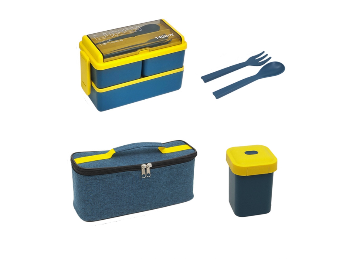 Conjunto De Lancheira, Bento Box Empilhável Com 3 Compartimentos Com Lancheira, Lancheira E Talheres - Azul