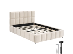 Cama Estofada Tectake Com Base Ripas, Moderna E Conforto Design, Mdf E Aço, 133x220x93cm, Veludo Areia