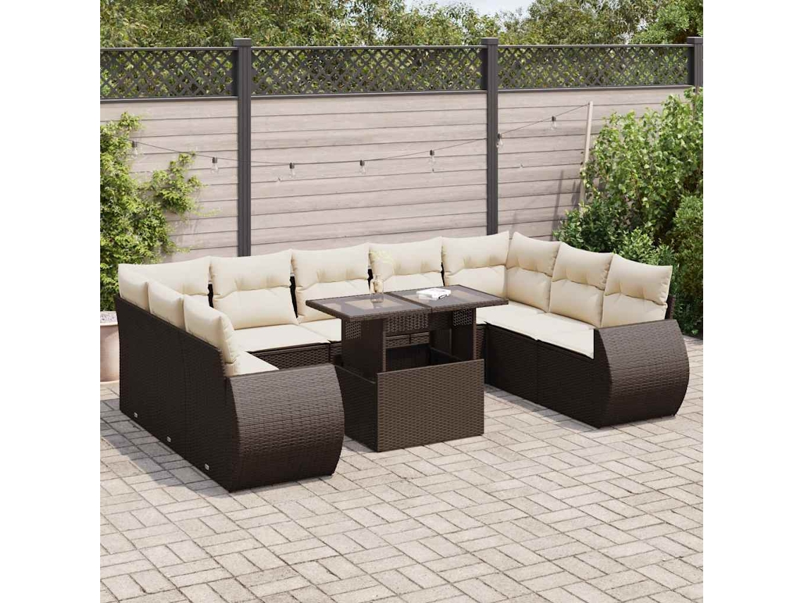 Vidaxl 10 Pcs Conj. Sofás Jardim Com Almofadões Vime Pe Castanho