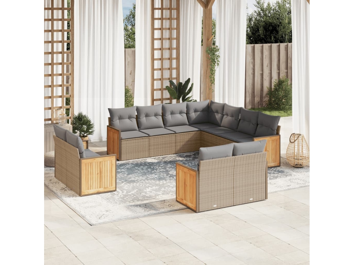 Vidaxl 11 Pcs Conjunto Sofás De Jardim C/ Almofadões Vime Pe Bege