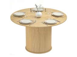 Mesa de Jantar Redonda Ø120x75cm com Base Cilíndrica Canelada, Madeira Natural, 5 Lugares | S/MARCA