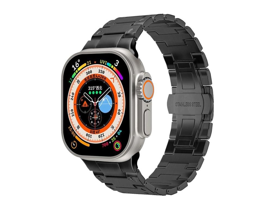 Bracelete Para Apple Watch 46/49/45/44mm - Metal Com Fecho Borboleta Estilo Mecânico Preto
