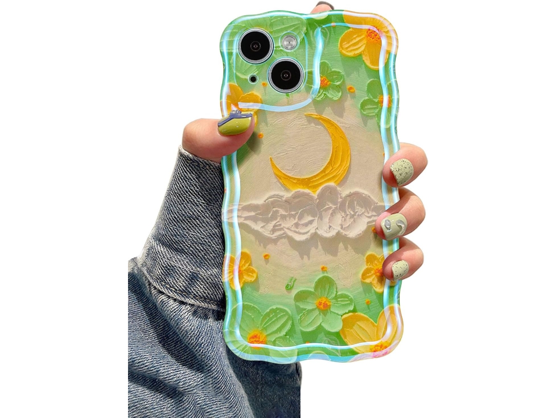Capa Para Iphone 14 Com Estampa Colorida Retrô De Pintura A Óleo, Flores E Lua, Borda Ondulada E Delicada, Para Requintada