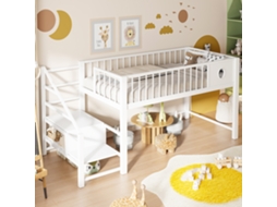 Cama Alta Para Crianças 90x200cm Com Escada De Armazenamento Estrutura Metal Branca