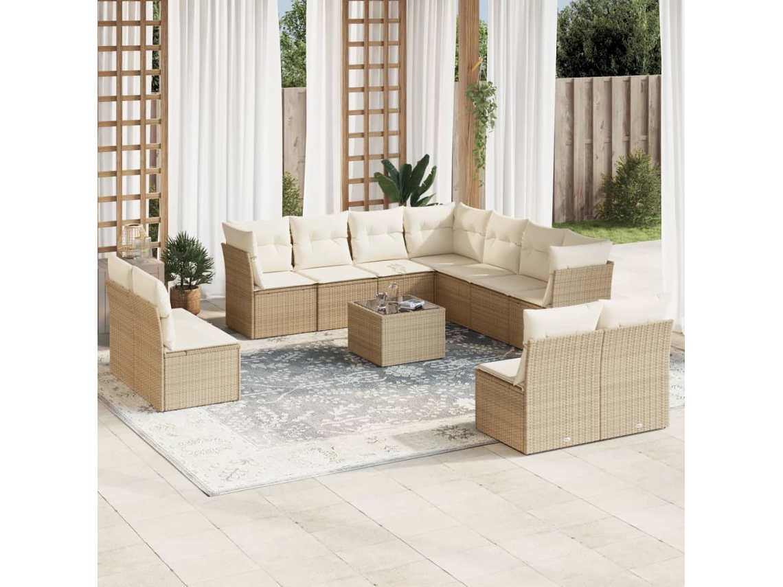 Vidaxl 12 Pcs Conjunto De Sofás P/ Jardim Com Almofadões Vime Pe Bege