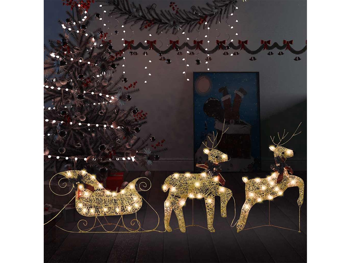 Vidaxl Decoração De Natal Renas/trenó De Exterior 60 Luzes Led Dourado