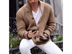 Suéter masculino casual de outono 2026, gola alta, modelagem slim, manga longa, fechamento frontal com botões, tamanho XXL, cor cáqui.