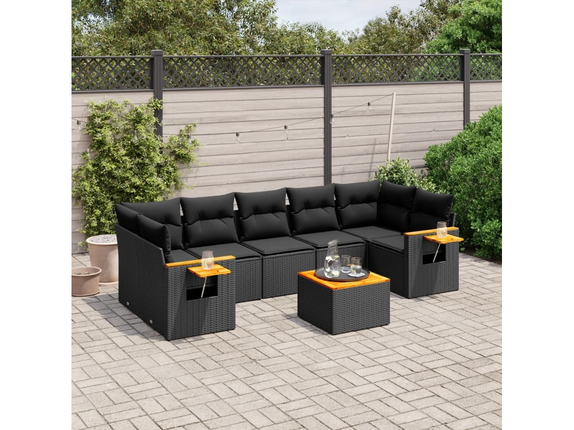 Vidaxl 8 Pcs Conjunto Sofás de Jardim com Almofadões Vime Pe Preto