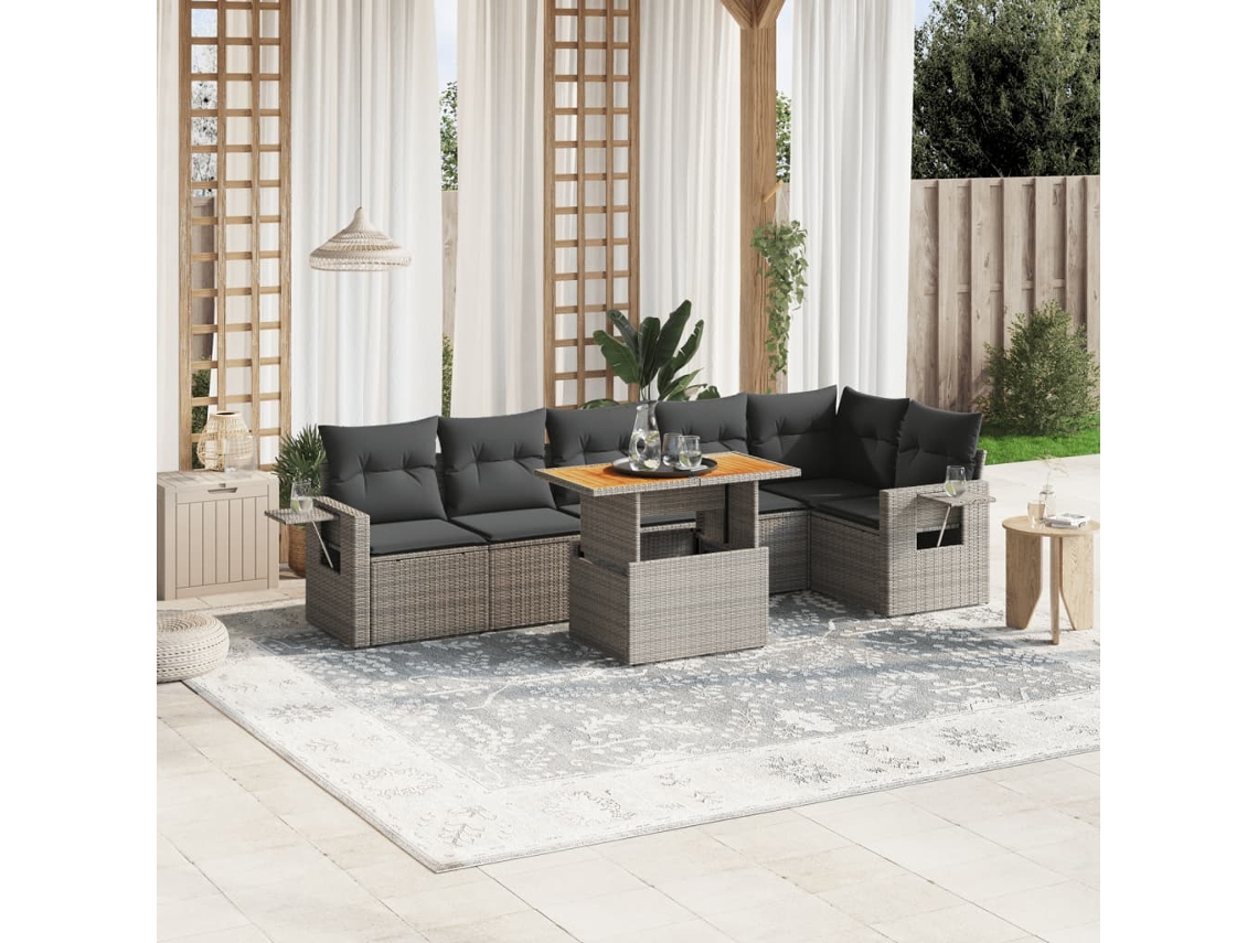 Vidaxl 7 Pcs Conjunto Sofás P/ Jardim C/ Almofadões Vime Pe Cinzento