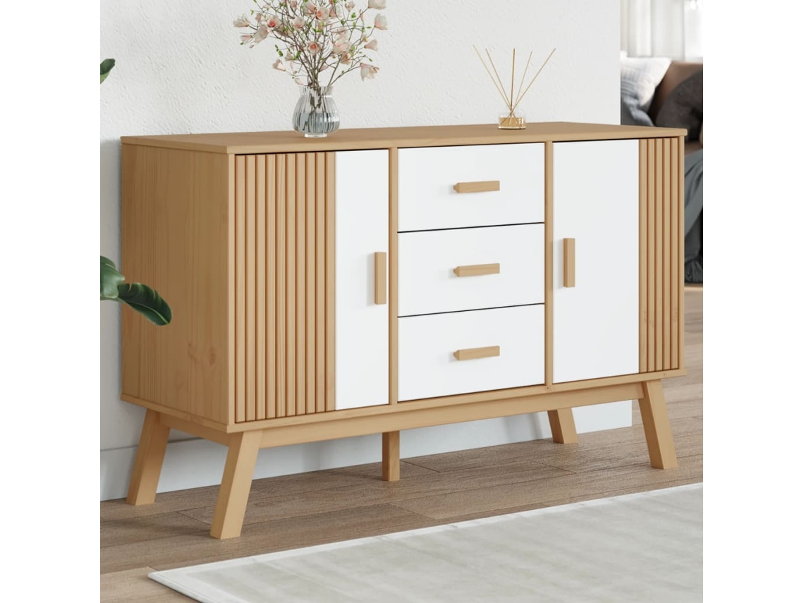 Vidaxl Aparador Olden 114x43x73,5 Cm Pinho Maciço Branco E Castanho
