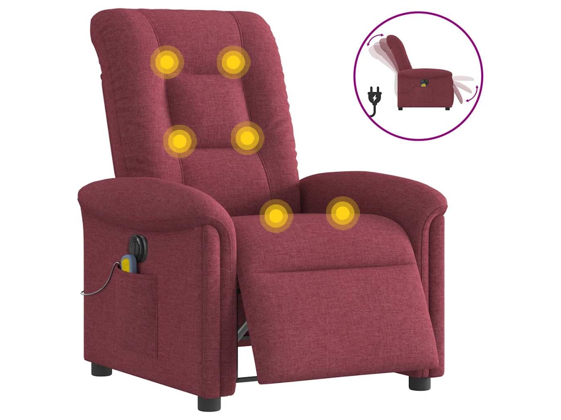 Vidaxl Poltrona Reclinável De Massagens Elétrica Tecido Vermelho Tinto