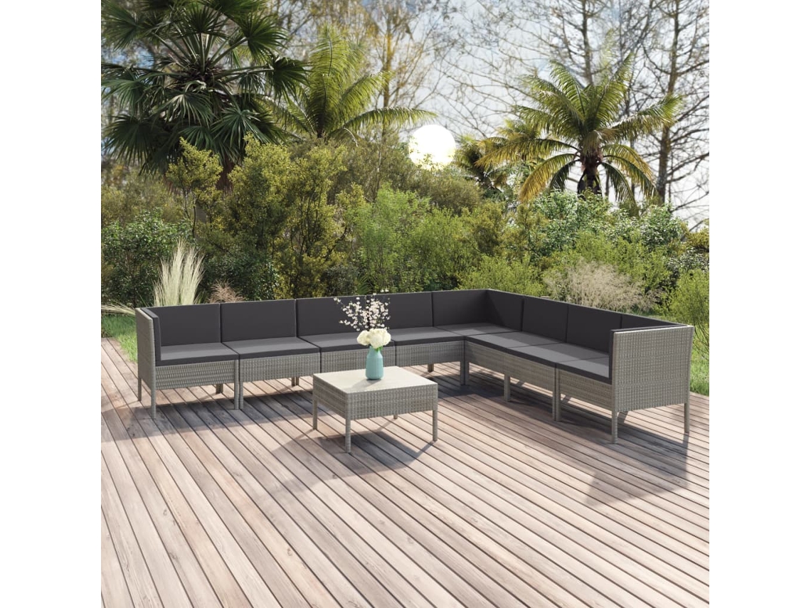 Vidaxl 9 Pcs Conjunto Lounge De Jardim C/ Almofadões Vime Pe Cinzento