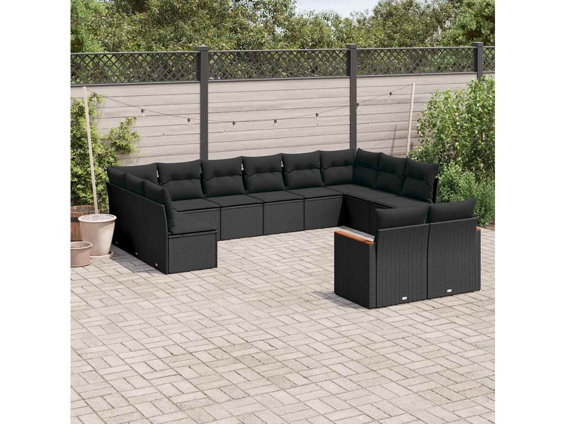 Vidaxl 12 Pcs Conjunto de Sofás de Jardim C/ Almofadões Vime Pe Preto