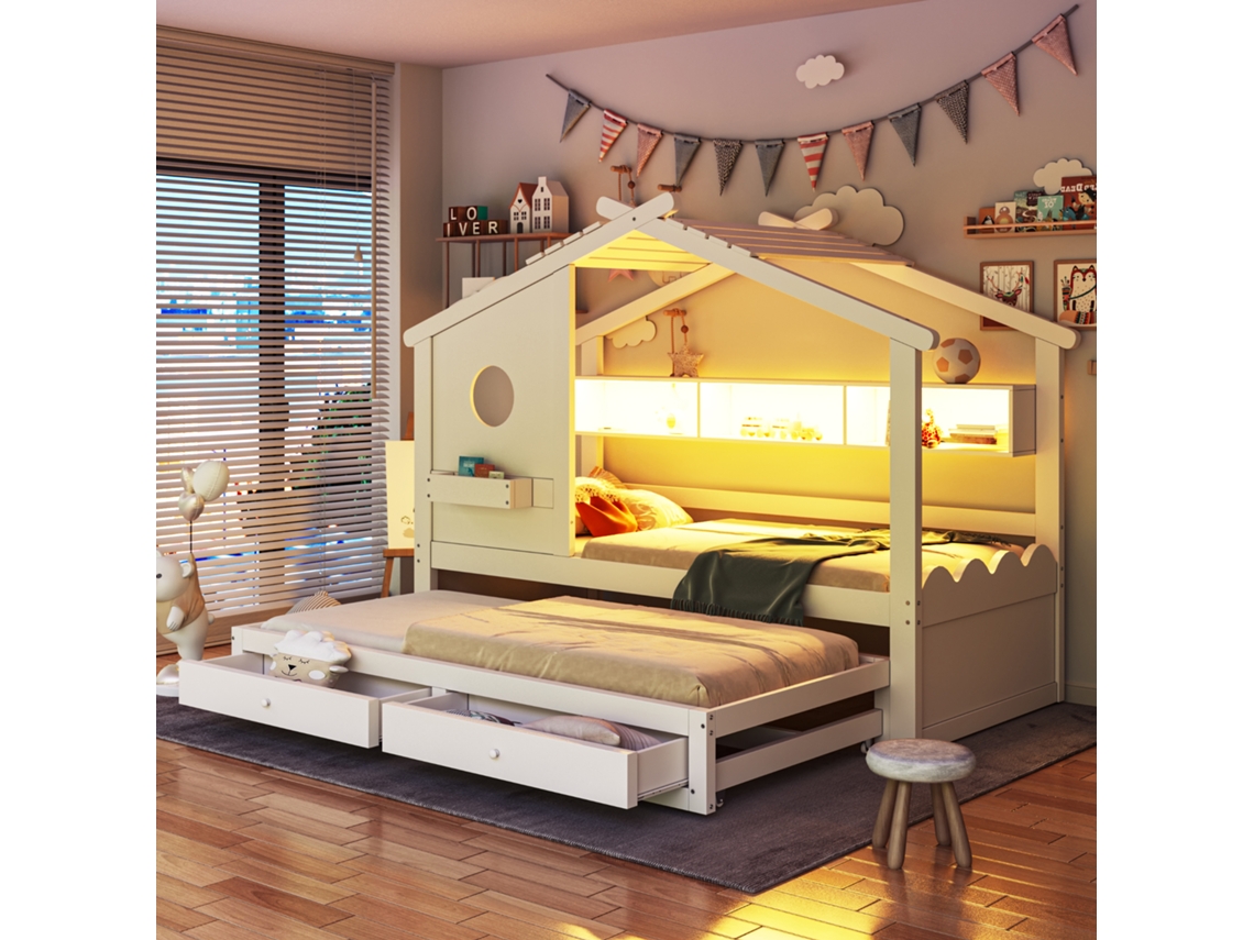 Cama Infantil Casinha 90x200 Cama Auxiliar 90x190 Led Usb Branca