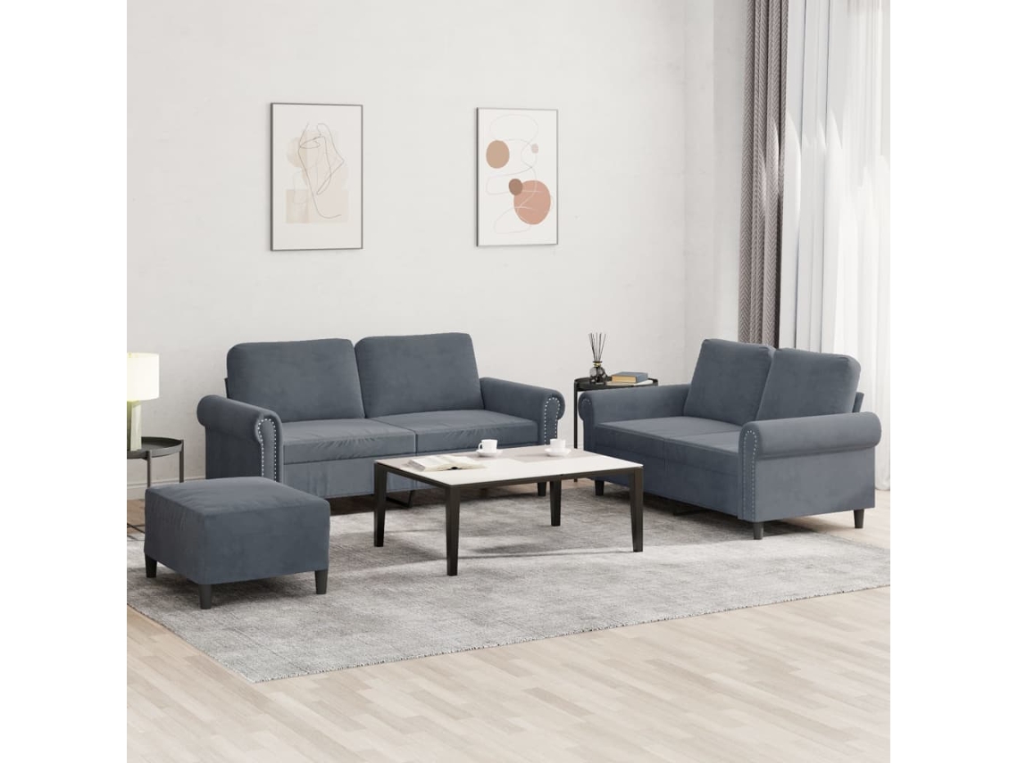 Conjunto 3 Pcs de Sofás com Almofadões Veludo Cinzento-Escuro PANGSHIYUAN