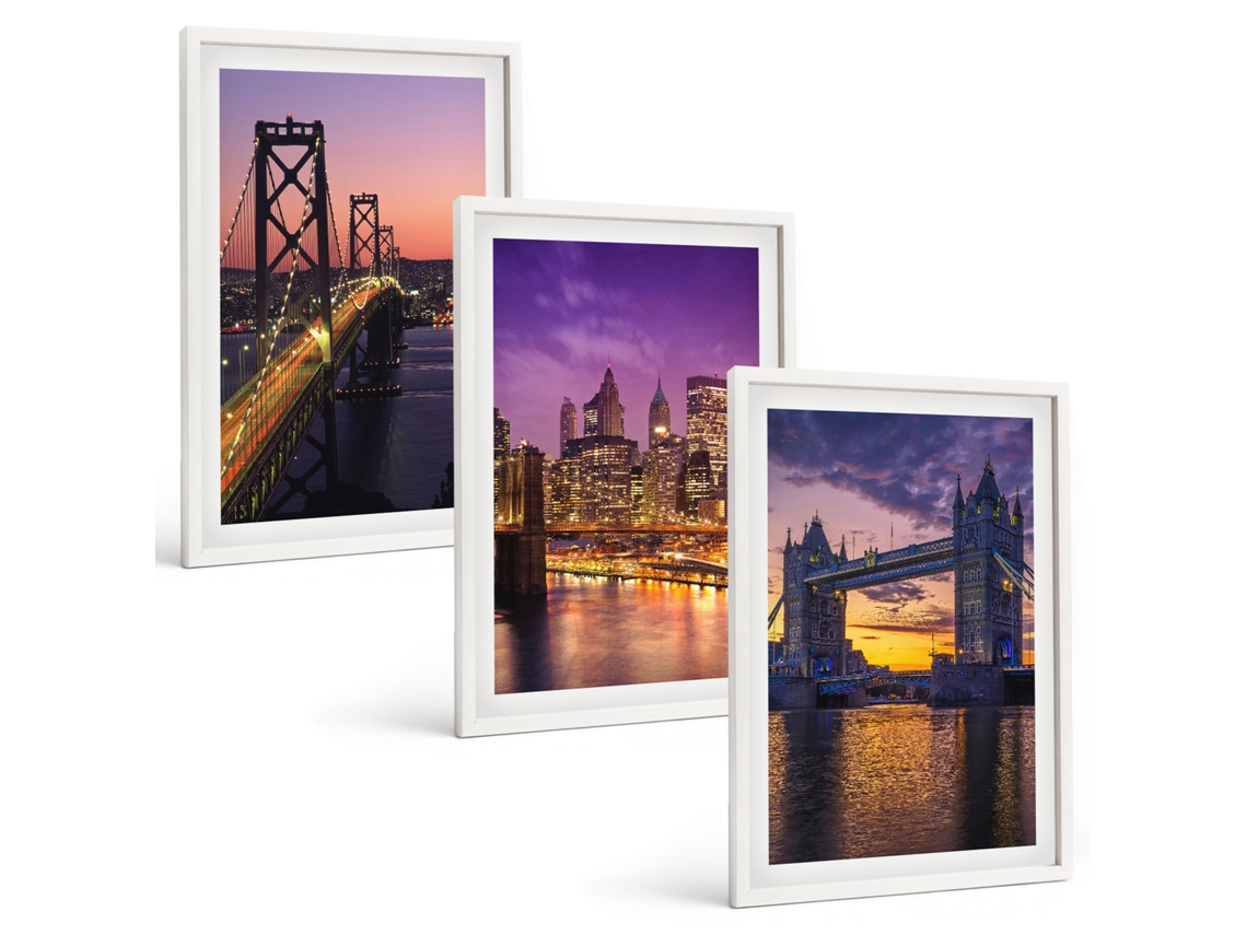 Composição De Quadros Pontes, Sol, Vistas Da Cidade Moldura Branca Imagens Para Um Quarto Infantil Espelharte (3 Piezas De 40x60 Cm)